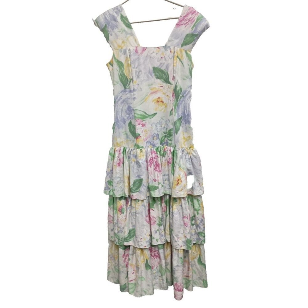 VTG 60s‎ Brenner Womens Maxi Dress Size 7/8 Floral Tiered Prairie Cottagecore